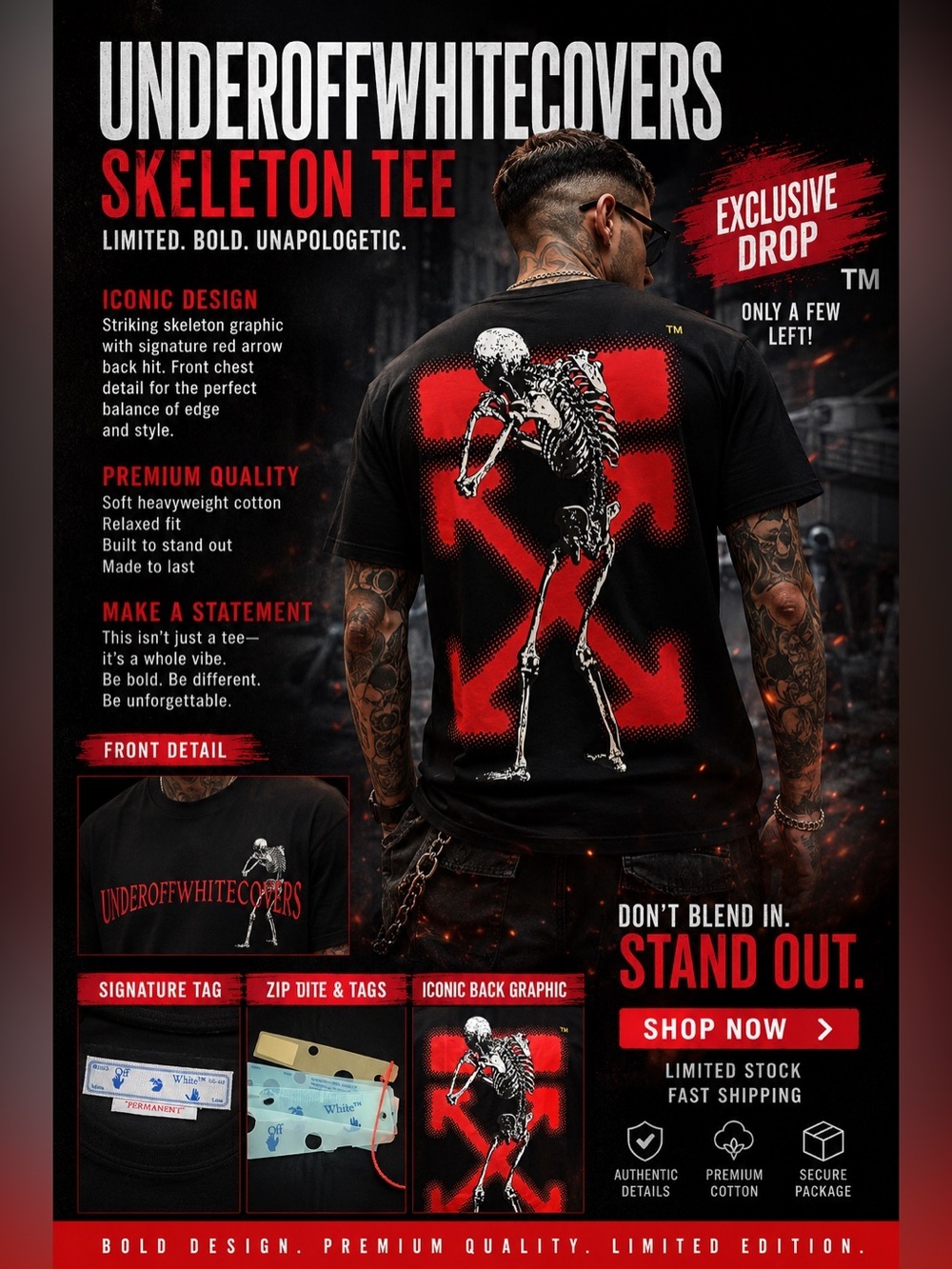 Off-White x Undercover Skeleton T-shirt featuring a prominent red arrow!🔥New! 2X